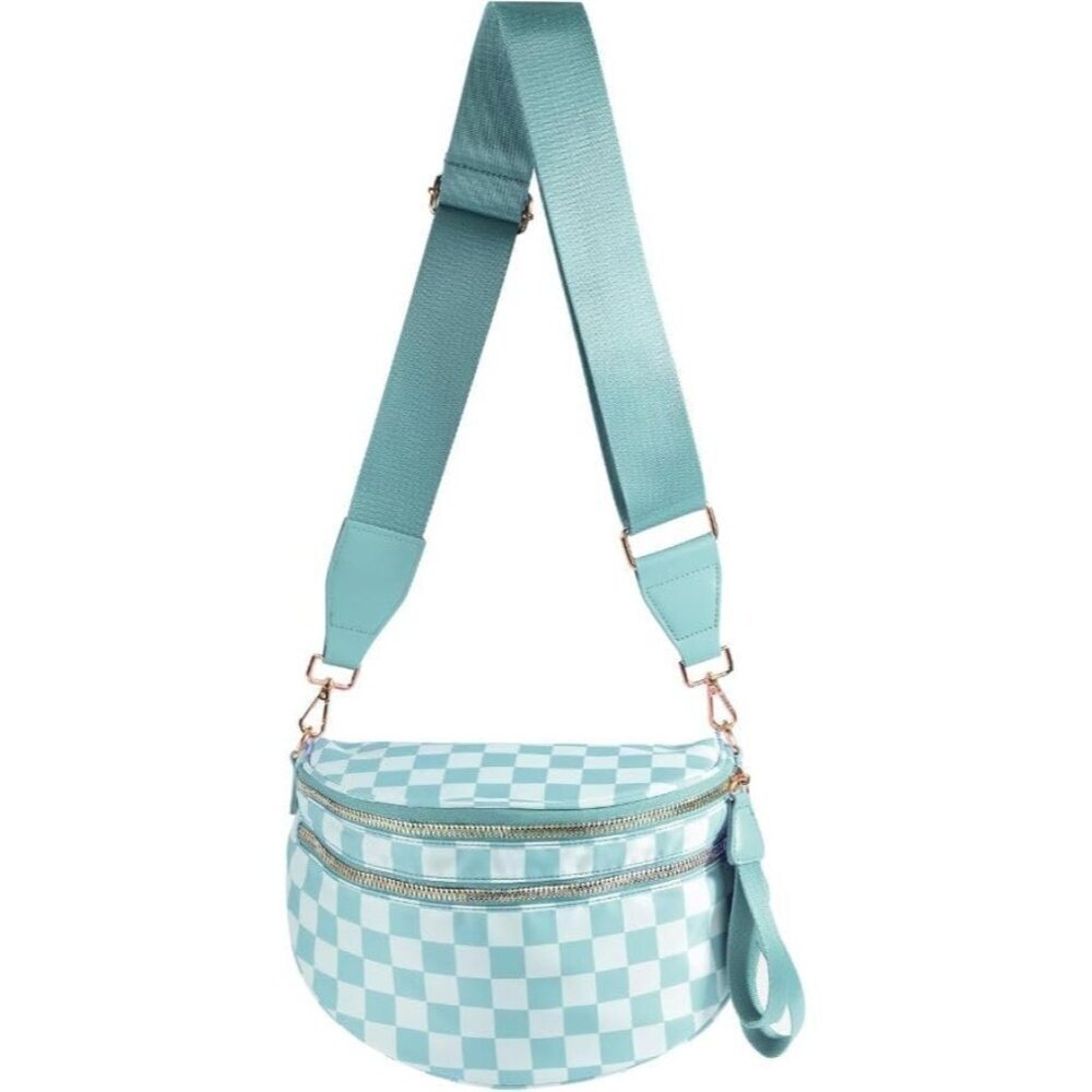 Women Ice-Blue Imported Polyester Checkered Crossbody Fanny Packs Belt Bum Bag